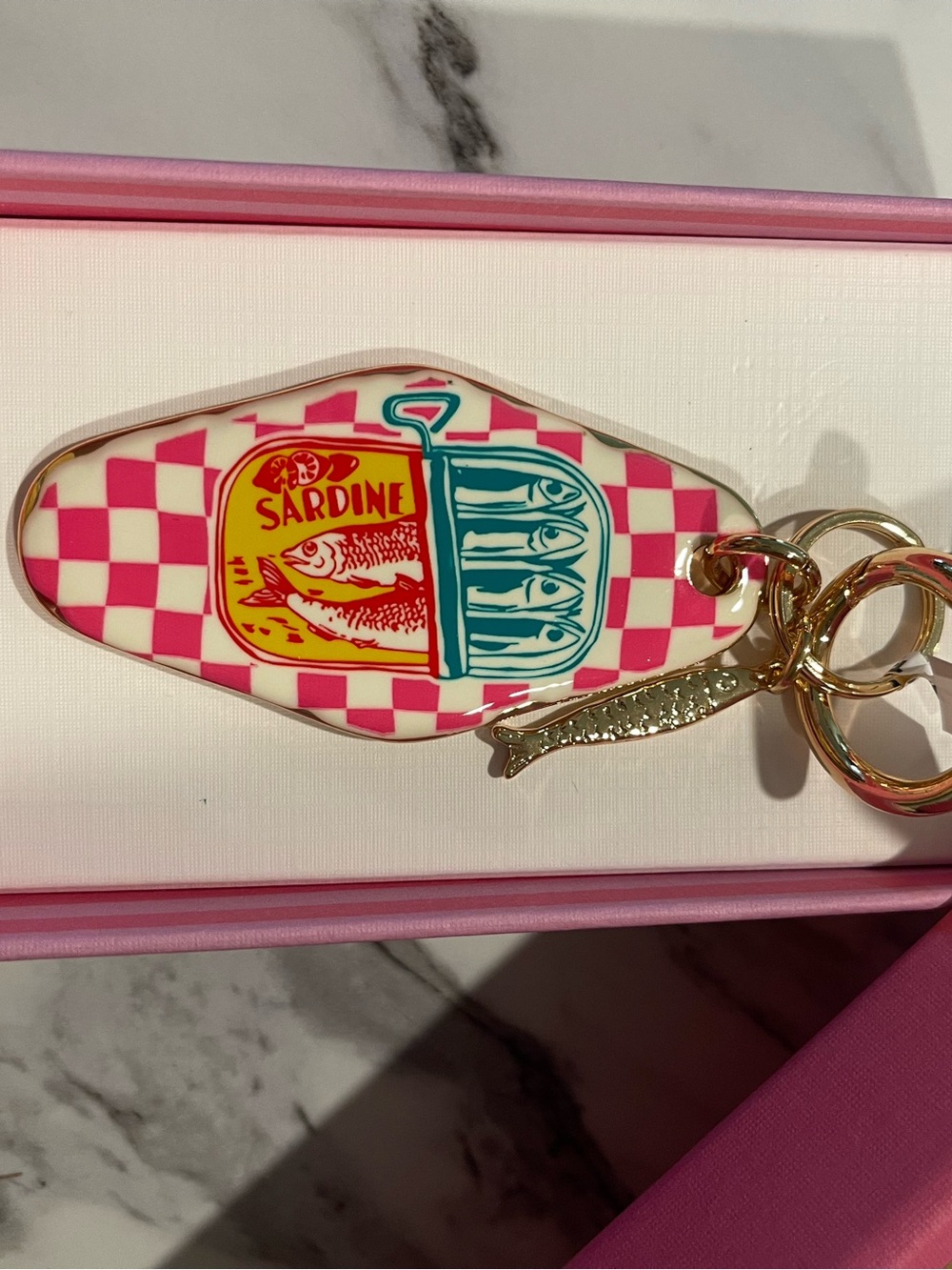 Pink Checkered Sardine Keychain Charm